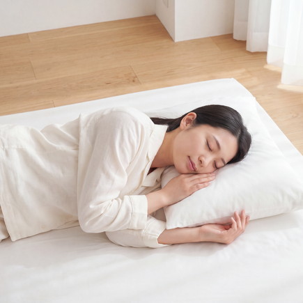 雲にのる夢枕でスマホを触る女性